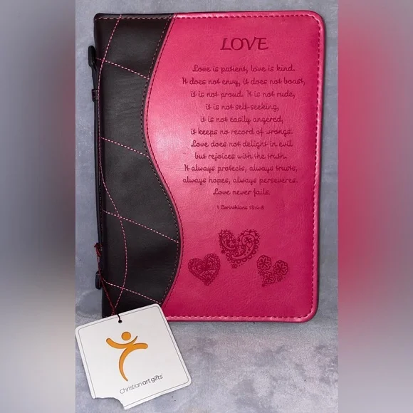 Christian Art Gift NWT Pink/Brown Bible Cover Faux Leather 1 Corinthians 13 Love - Picture 7 of 13